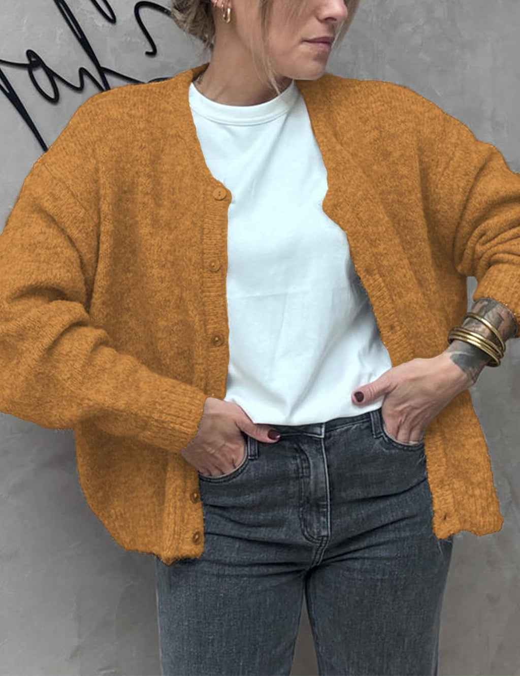 Women's Long Sleeve Front Button Y2k Cardigan Sweaters Crew Neck Loose 2025 Fall Tops