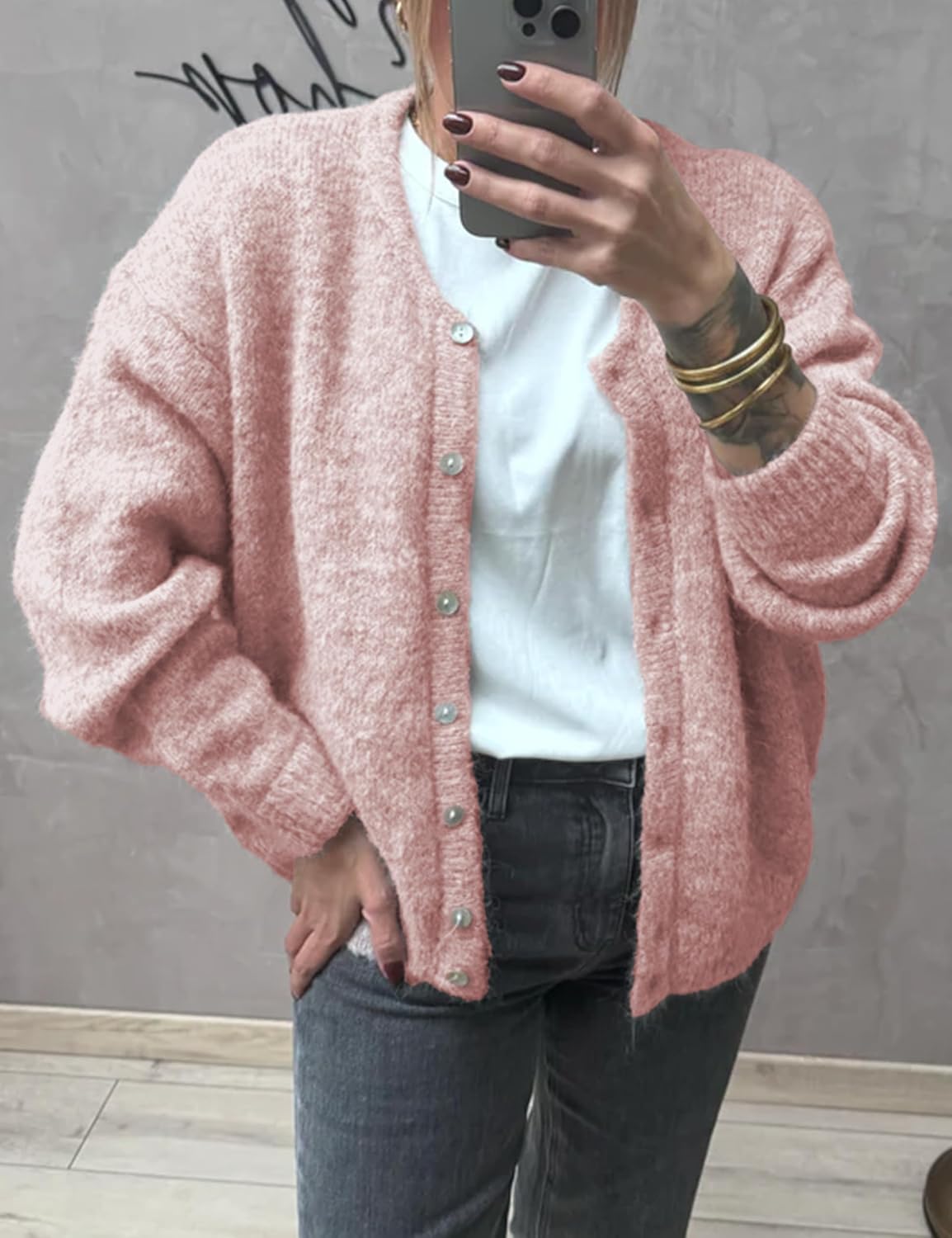 Women's Long Sleeve Front Button Y2k Cardigan Sweaters Crew Neck Loose 2025 Fall Tops