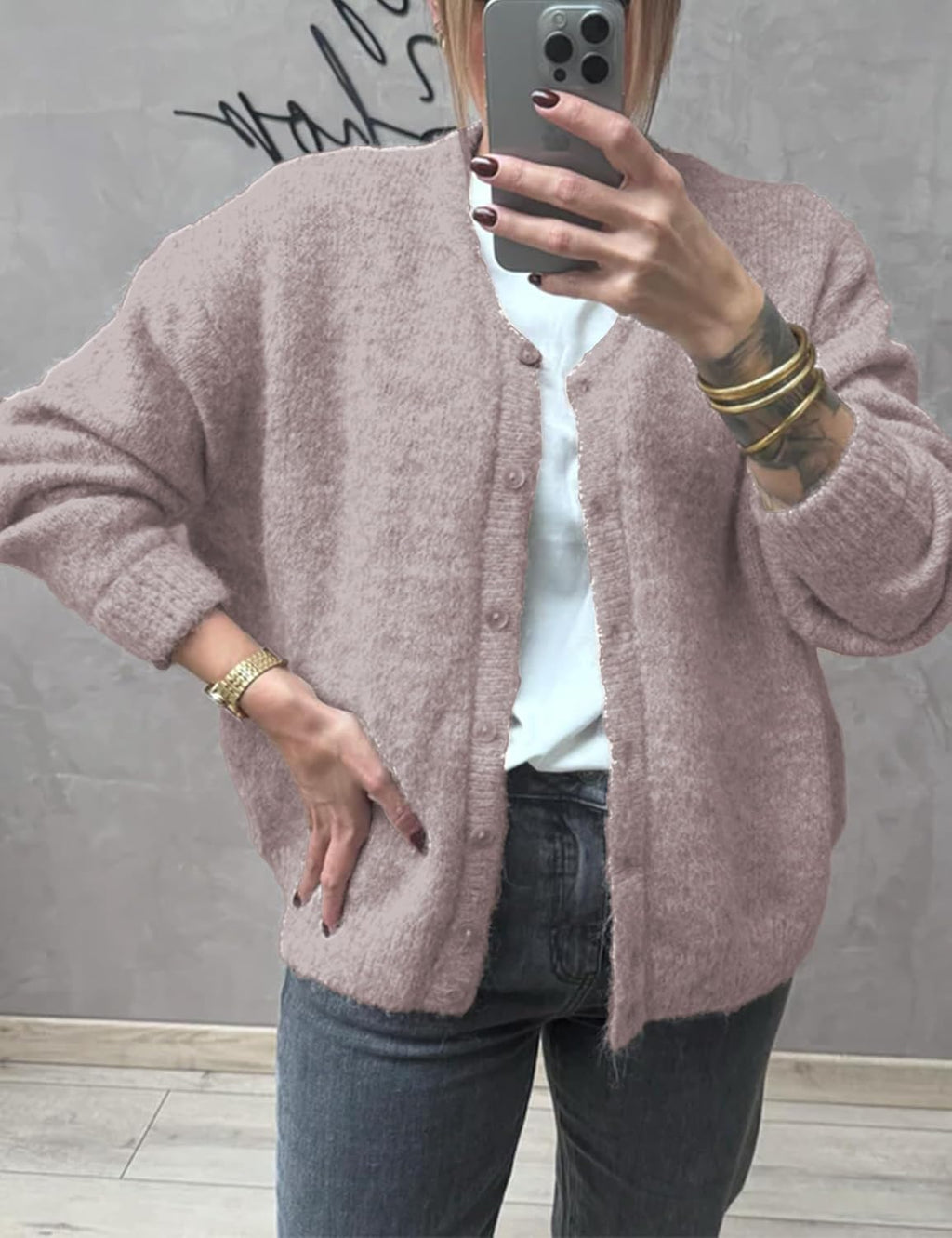 Women's Long Sleeve Front Button Y2k Cardigan Sweaters Crew Neck Loose 2025 Fall Tops