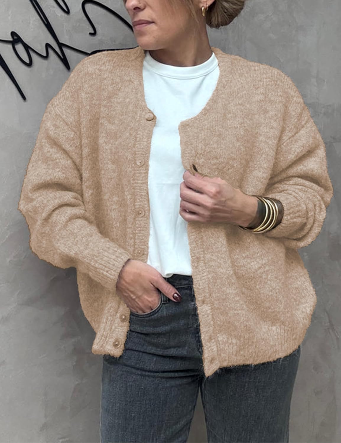Women's Long Sleeve Front Button Y2k Cardigan Sweaters Crew Neck Loose 2025 Fall Tops