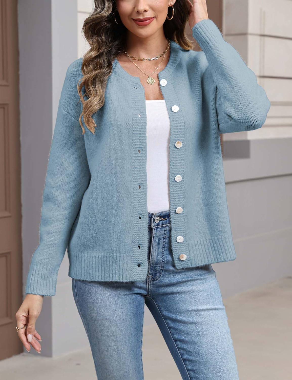Women's Long Sleeve Front Button Y2k Cardigan Sweaters Crew Neck Loose 2025 Fall Tops