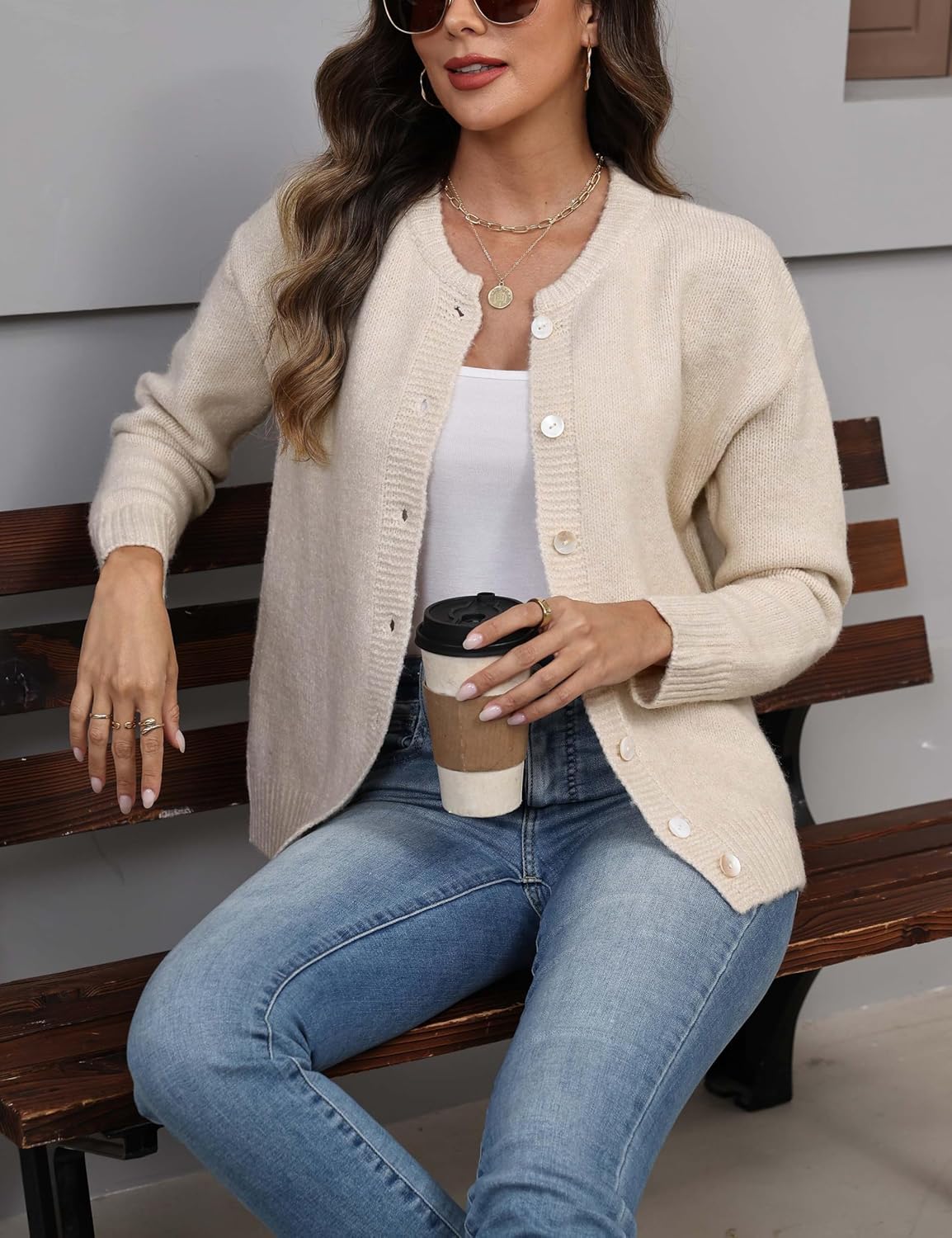 Women's Long Sleeve Front Button Y2k Cardigan Sweaters Crew Neck Loose 2025 Fall Tops