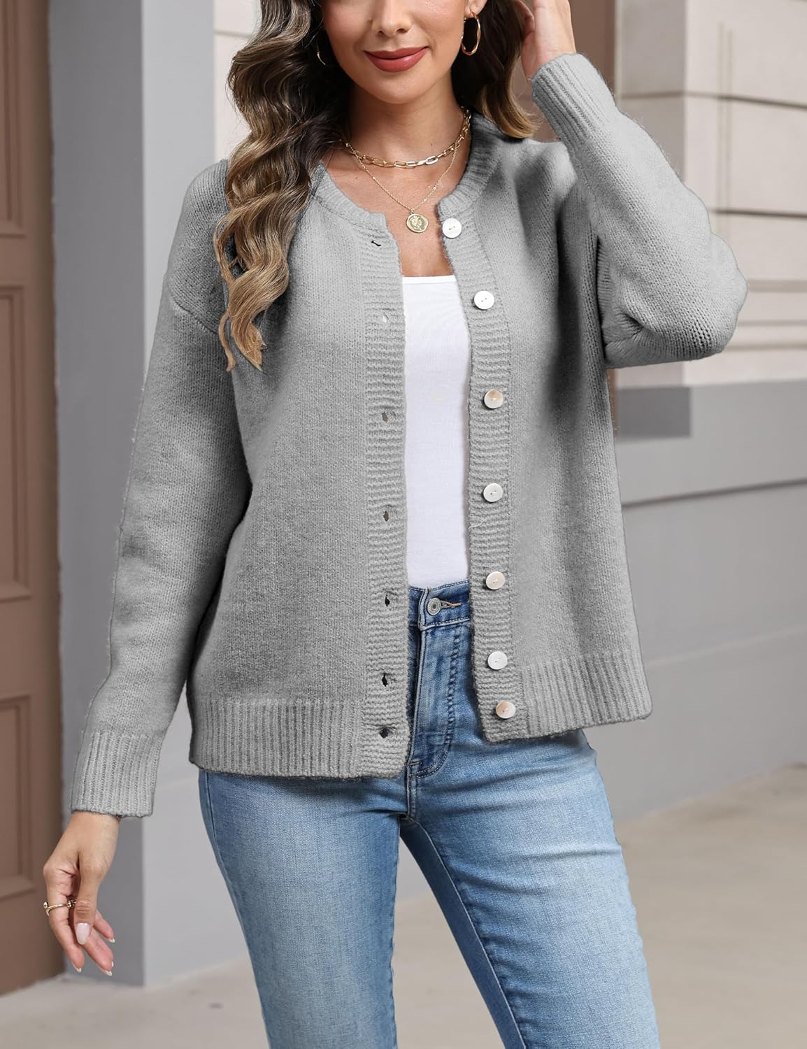 Women's Long Sleeve Front Button Y2k Cardigan Sweaters Crew Neck Loose 2025 Fall Tops