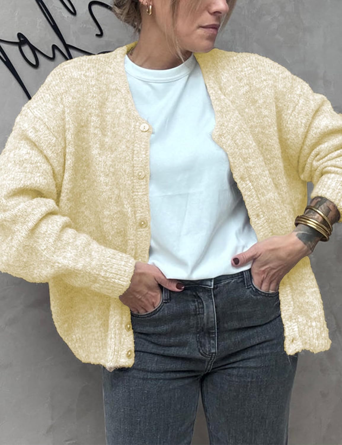 Women's Long Sleeve Front Button Y2k Cardigan Sweaters Crew Neck Loose 2025 Fall Tops