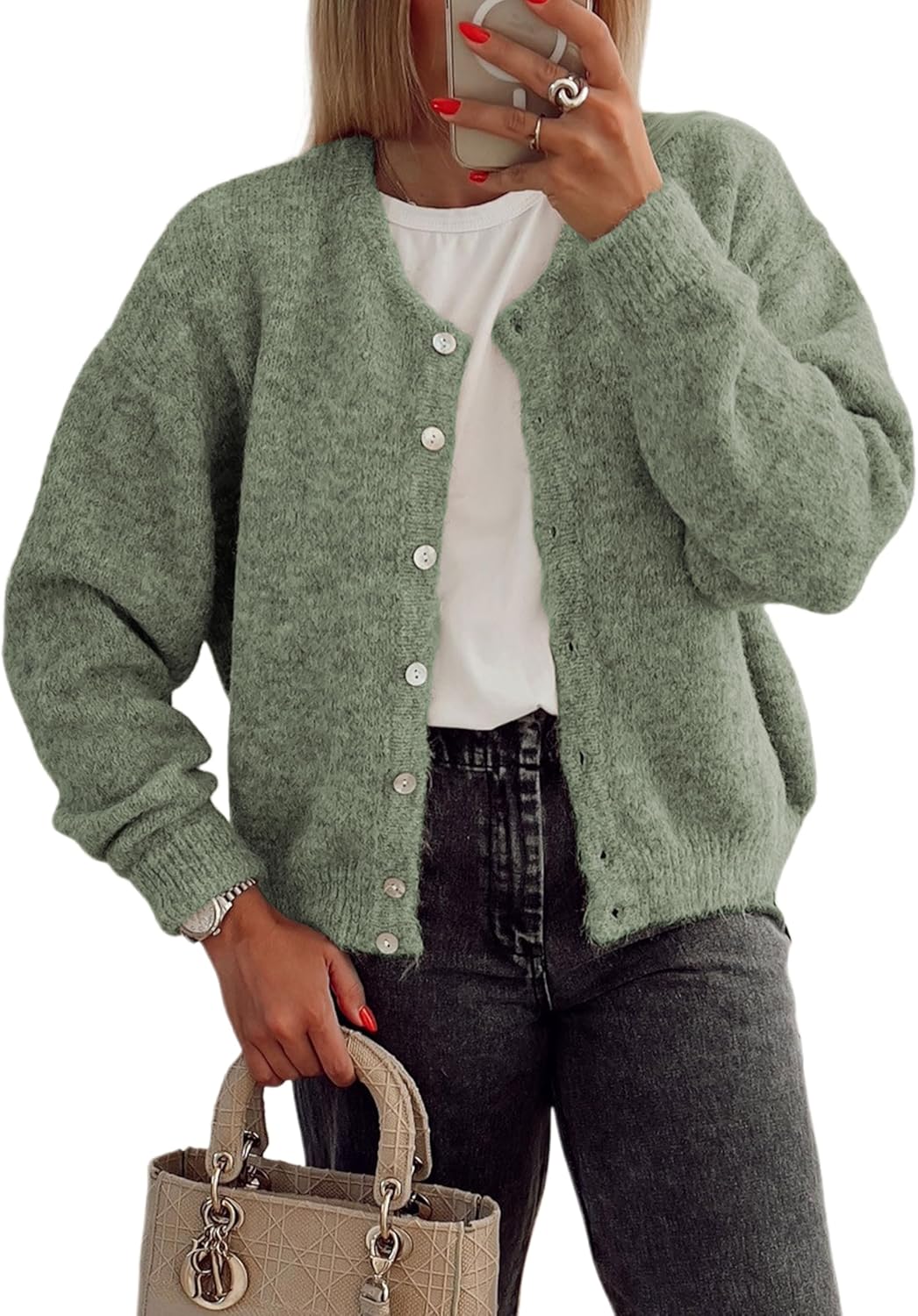 Women's Long Sleeve Front Button Y2k Cardigan Sweaters Crew Neck Loose 2025 Fall Tops