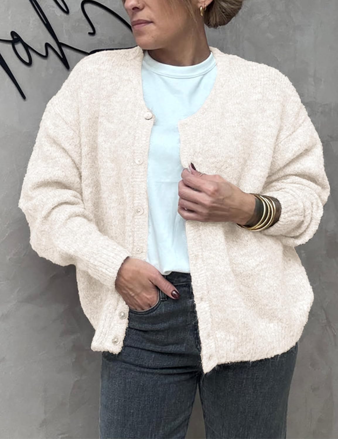 Women's Long Sleeve Front Button Y2k Cardigan Sweaters Crew Neck Loose 2025 Fall Tops