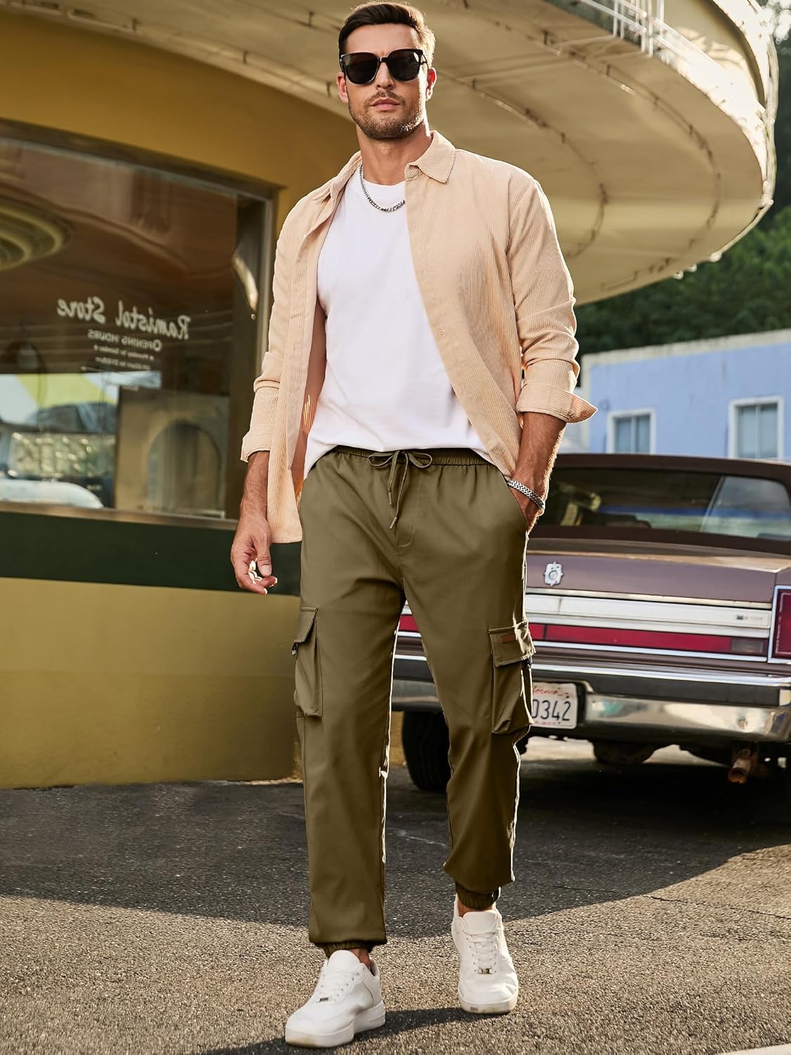 Men's Cargo Pants Casual Lightweight Elastic Waist Drawstring Tapered Pant with Pockets