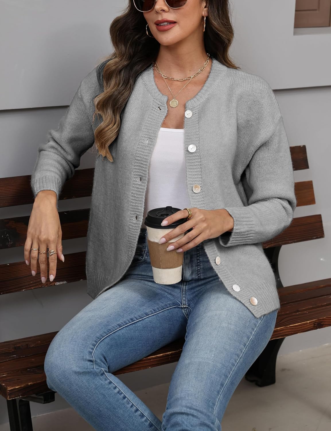 Women's Long Sleeve Front Button Y2k Cardigan Sweaters Crew Neck Loose 2025 Fall Tops