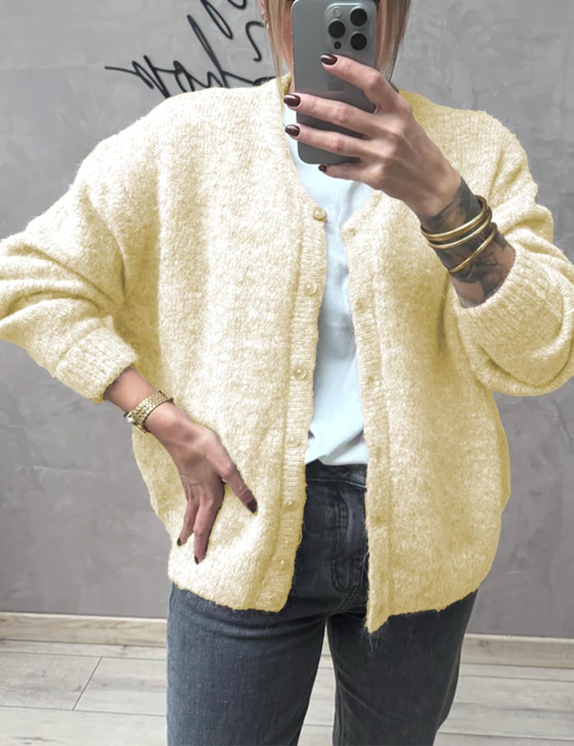 Women's Long Sleeve Front Button Y2k Cardigan Sweaters Crew Neck Loose 2025 Fall Tops